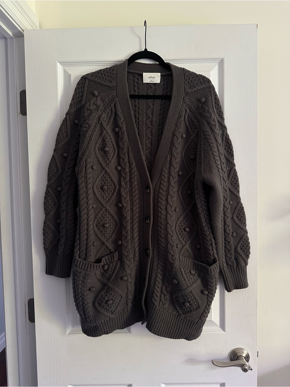 Size M Women’s Wilfred Montpellier Cardigan Merino Wool Cable Knit Taupe - Picture 3 of 9